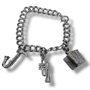 LeStage Sterling Silver 3 Musical Instruments Charm Bracelet Women’s Signed 23g‎